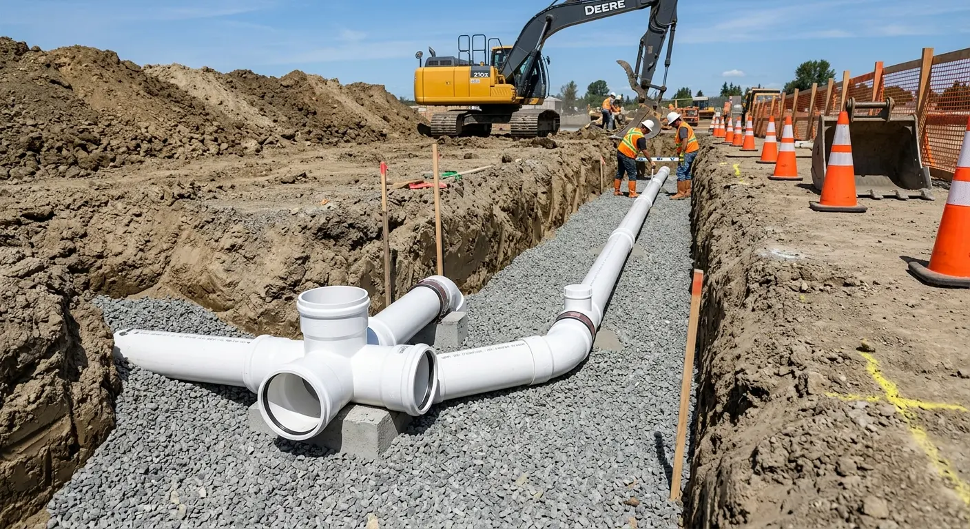 New PVC sewer pipe installation in open trench for Commercial Drain Cleaning in Viera East