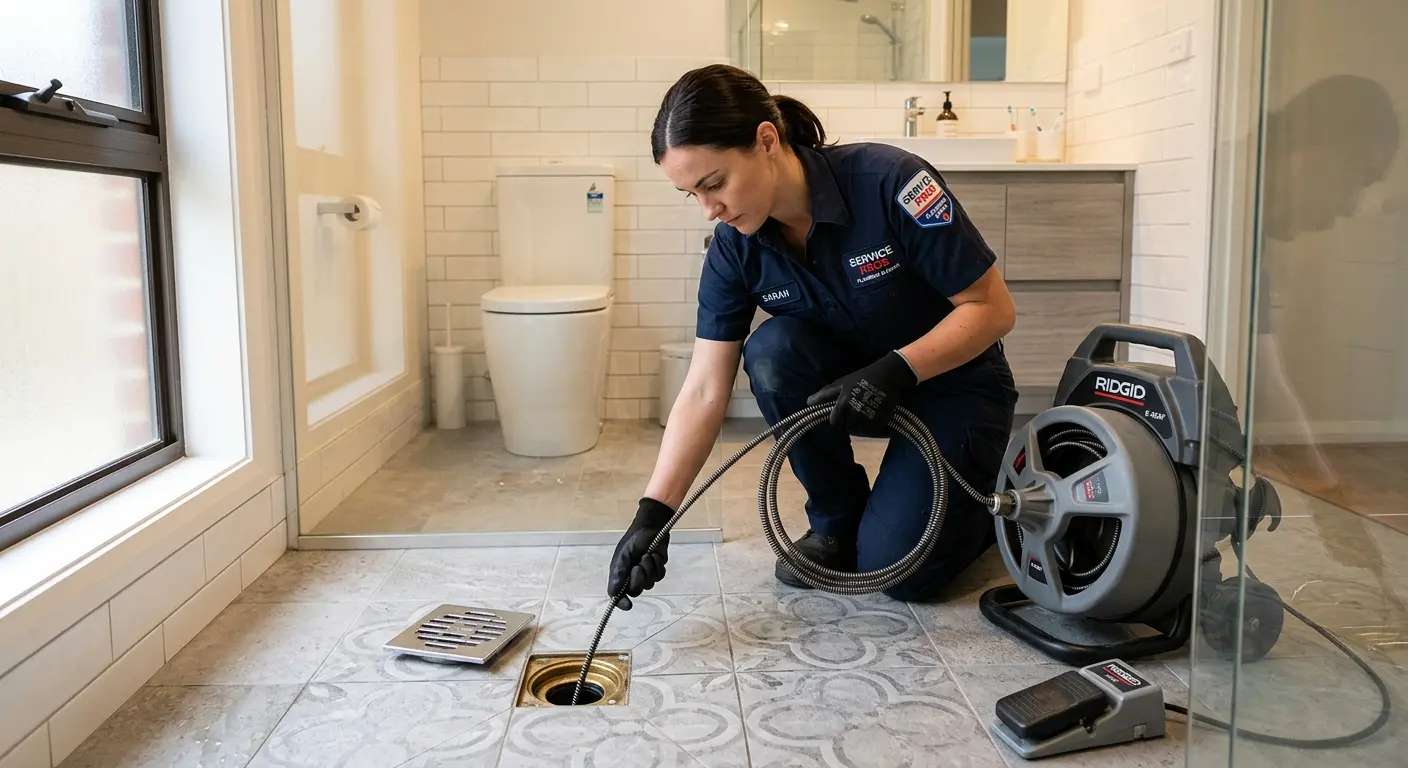 Technician clearing a bathroom floor drain for Sewer Line Replacement in Viera East
